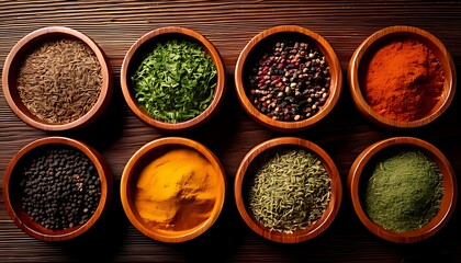 wooden bowls with a variety of herbs and spices, a view from above, and a wooden backdrop