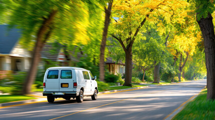 White van driving delivery routes in suburbs with green trees and sunlight creating peaceful atmosphere