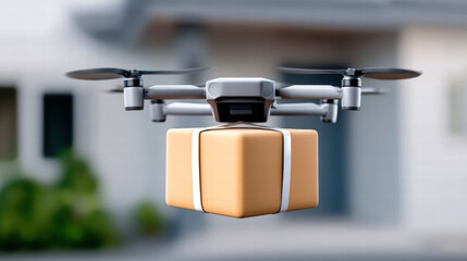 Delivery drone flying efficient routes in suburbs carrying package for fast shipping service