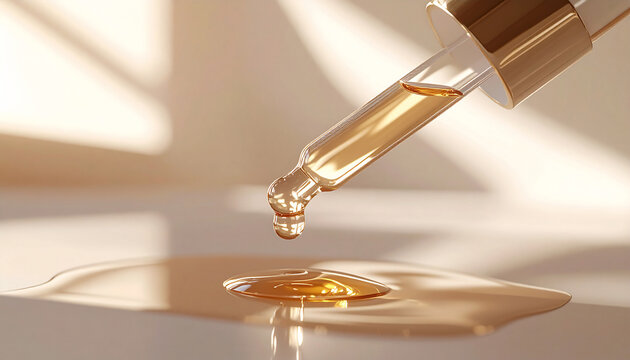 スキンケア用スポイトから美容液が滴る高品質なマクロ撮影。透明感のあるゴールデンカラーの美容オイルが光を反射し、美しい艶と質感を表現したミニマルな背景のビジュアル。／
High-quality macro shot of skincare dropper dripping golden serum. Minimalist background showcasing glossy texture,
