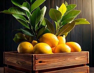 Fresh lemons, lush foliage, vivid colors, natural light, and a rustic wooden crate
