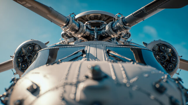 Detailed front view of a military helicopter rotor system and cockpit with optical and sensor devices against a clear blue sky background