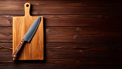 Sharp knife, rustic wooden background, and wooden cutting board