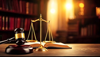 Warm lighting, books, an office desk, a wooden gavel, and golden scales of justice