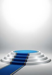Photo of a threetiered white podium with a blue carpet leading up to the top tier isolated on white background