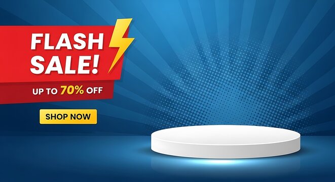 Photo of flash sale promotion banner with podium display for product presentation on blue background - Powered by Adobe