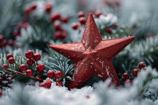 A beautiful red star adorned with glistening white snow, creating a festive and enchanting image that captures the magic of the holiday season  