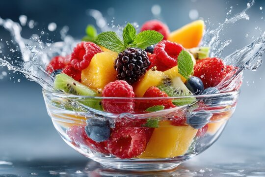 Fresh Fruit Salad Splashing with Water in Glass Bowl - Powered by Adobe