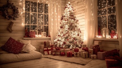 Cozy Christmas Room with Decorated Tree and Presents at Night