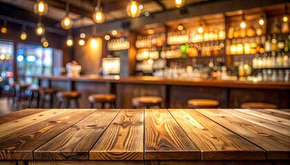 A warm, inviting interior shot. Focus is on a wooden tabletop with a blurred background of a bar, drinks, and hanging lights