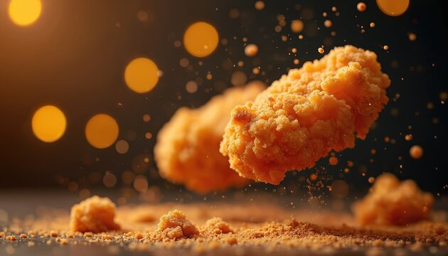 Crispy golden chicken nuggets in motion. Fried chicken pieces fly and fall on crumbs. Warm bokeh lights create a cozy atmosphere. Delicious fast food snack.