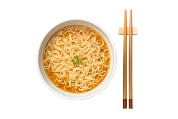 Delicious bowl of instant ramen noodles with chopsticks isolated on transparent background