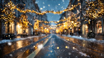 Snowy Street Scene with Holiday Lights and Soft Bokeh Effects