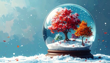 A whimsical snow globe scene shows colorful trees inside, with snow falling against a blue wintry backdrop