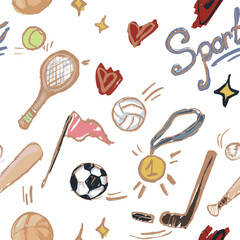Seamless pattern with sport elements. Doodle Hand draw marker texture. Balls, football, hockey, tennis racket, basketball, medal, flag.