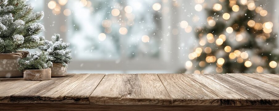 empty wooden table top with blurred bokeh light background for product display and decoration in a christmas theme concept, wide banner design.