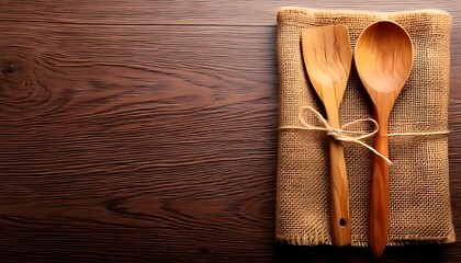 Burlap napkin with a wooden spoon and spatula set