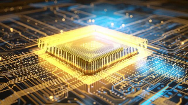 Futuristic microchip close-up with glowing circuits, captured from a low-angle. Ideal for tech video content showcasing innovation and technology. Live desktop wallpaper.