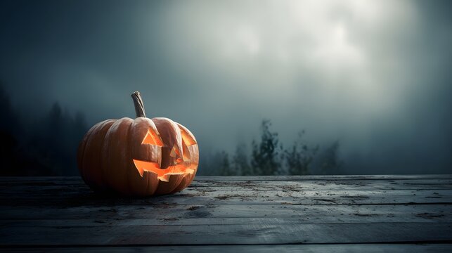 menacing jack-o’-lantern on weathered wood, ghostly carved grin glowing against fog-choked forest; dark misty backdrop gives ample copy-space for spooky promos.