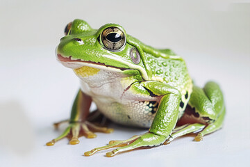 Obraz premium A charming green frog perched gracefully on a pristine white background, perfect for nature lovers and animal enthusiasts alike 