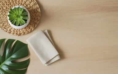 Flat lay of succulent plant monstera leaf and napkin