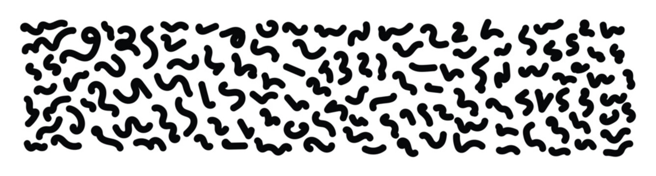 Abstract black squiggly doodle pattern. Wavy curved strokes forming organic fluid shapes and fun irregular lines. Modern minimalist art texture for creative design, kids projects, and playful