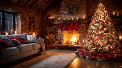 Cozy Christmas Living Room with Tree, Fire, and Stockings Decor