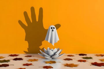 Halloween ghost decoration with hand shadow and autumn leaves