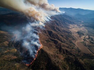Aerial view of a wildfire burning through a valley covered with dense smoke and surrounding mountains