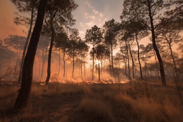 Wide shot of a deserted dry forest with active flames and dense smoke during severe wildfire season