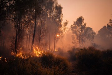 Wide shot of burning trees and thick smoke spreading across a dry forest during extreme wildfire
