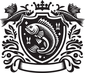 Obraz premium Intricate Black and White Fish Crest Design Emblazoned with Crow