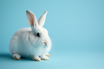 Obraz premium A charming white rabbit poses gracefully against a serene blue backdrop, exuding a sense of tranquility and innocence in this delightful image 
