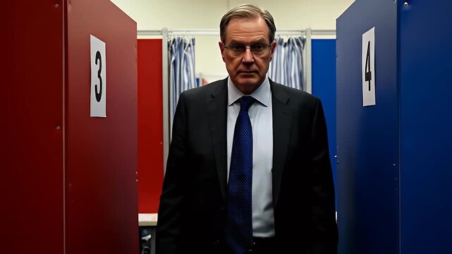 Serious Businessman in Formal Suit and Blue Tie Walks Out of Voting Booth Between Red and Blue Partitions Holding Paper Document in Indoor Polling