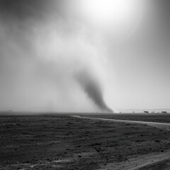 Monochrome view of a dust storm twisting across an empty open landscape