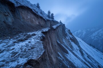 Steep snowy mountainside collapsing after severe landslide and soil erosion