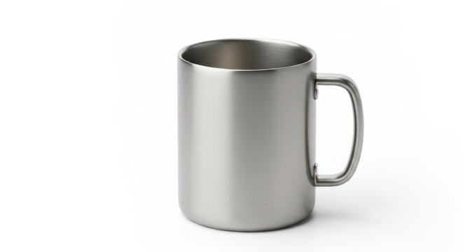 Minimalist stainless steel mug with curved handle, on a plain white background