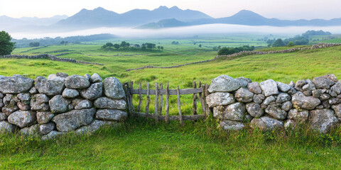 Fototapeta premium Gate is in the middle of a field with a stone wall on either side.