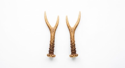 Pair of shed deer antlers with two points each isolated on a white background