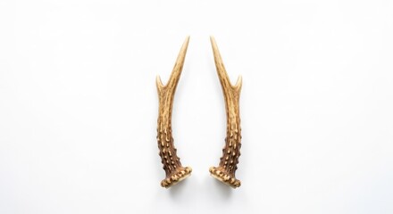Paired deer antlers pointing upwards on a clean, simple white background