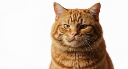 Obraz premium Orange tabby cat portrait, direct gaze, furrowed brow, isolated on white backdrop