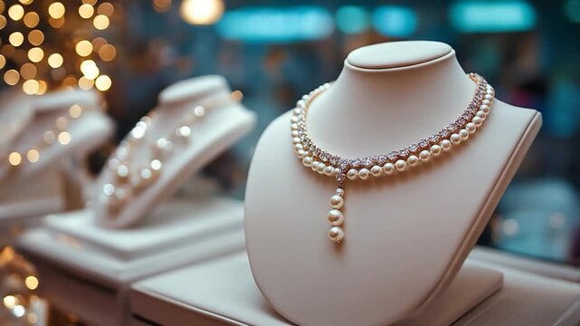Elegant pearl and gemstone necklace displayed on a jewelry bust under soft lights