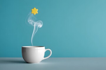 Steaming coffee cup with sun symbol against blue background