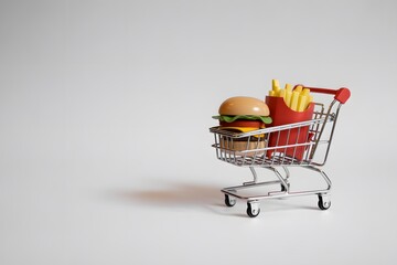 Miniature shopping cart filled with fast food