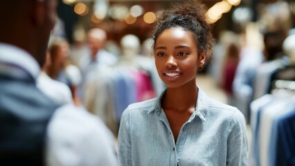 A joyful, surprised woman expresses happiness and connection in a vibrant retail setting, capturing an authentic moment of interaction amidst a bustling shopping atmosphere.