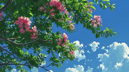 Pink cherry blossoms bloom against a vibrant blue sky with fluffy white clouds