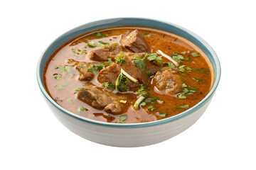 Delicious and hearty lamb curry with rich gravy and fresh cilantro garnish isolated on transparent background