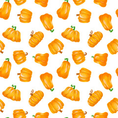 Autumn seamless pattern background. Hand drawn watercolor ornament with pumpkins for wrapping paper, fabrics, design, decorations.
