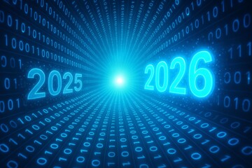 Futuristic Transition from 2025 to 2026 with Digital Binary Code Background