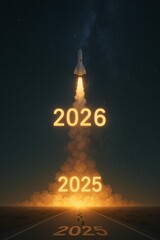Futuristic Transition: Rocket Launch from 2025 to 2026